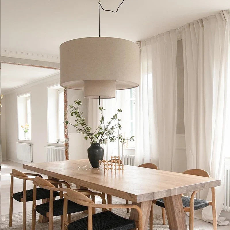 Two-Tier Linen Drum Pendant Light Farvelia – Lifestyle View, Ø50cm