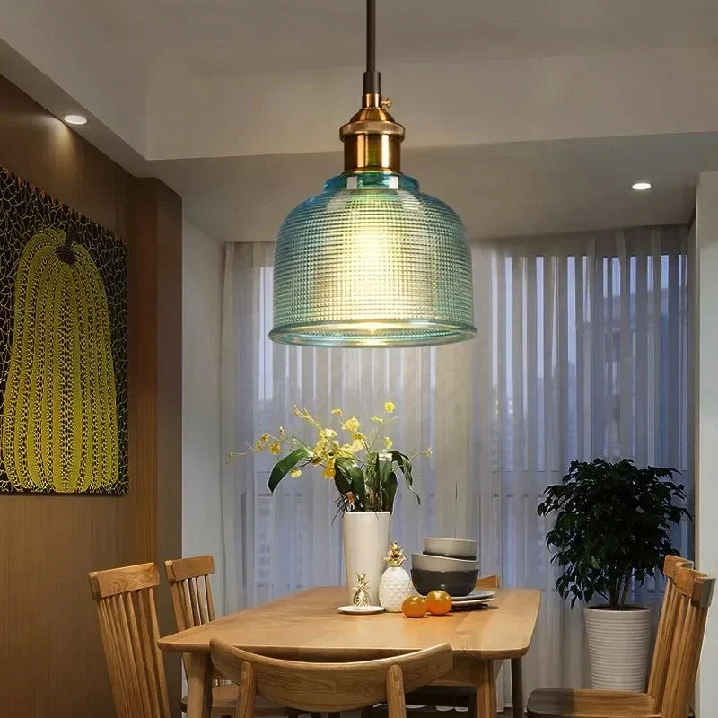 Ribbed Glass Bell Pendant Light Gilnox – Blue