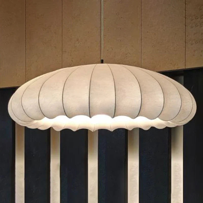 Fabric-Wrapped Disc Pendant Light Brindalia – Lifestyle View 2