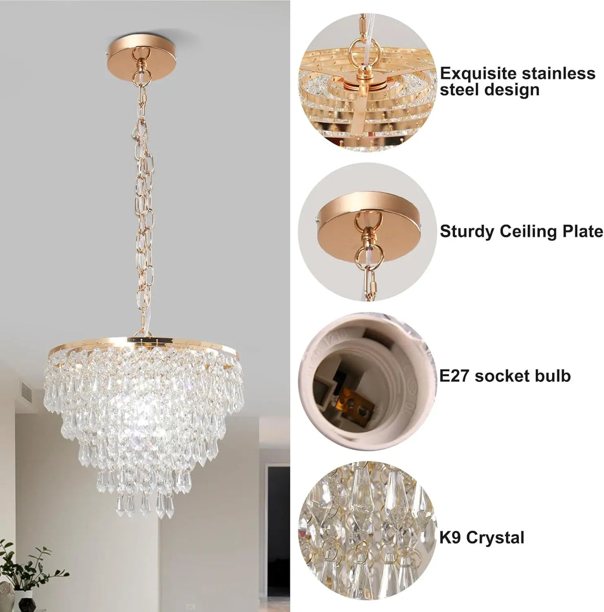Prismax gold crystal chandelier — installation and material detail
