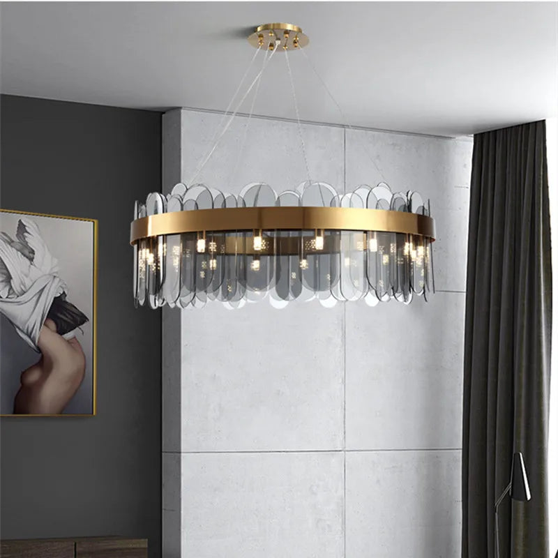 Petalux – Round Ø60cm Smoke Grey glass panel chandelier, concrete wall lifestyle