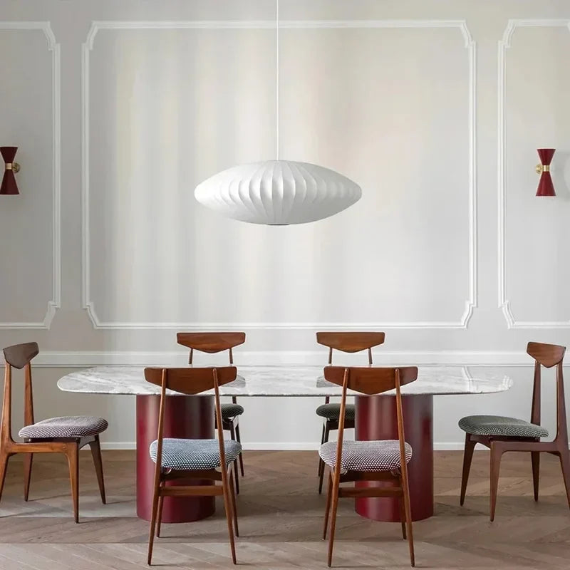 Nordic Ribbed Fabric Saucer Pendant Light Worlinth – Lifestyle, dining room