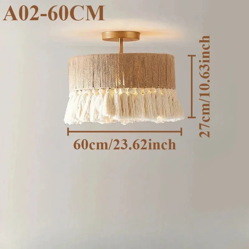 Handwoven Hemp Rope Tassel Pendant Light – Laelith – Drum Semi-Flush Mount 60cm