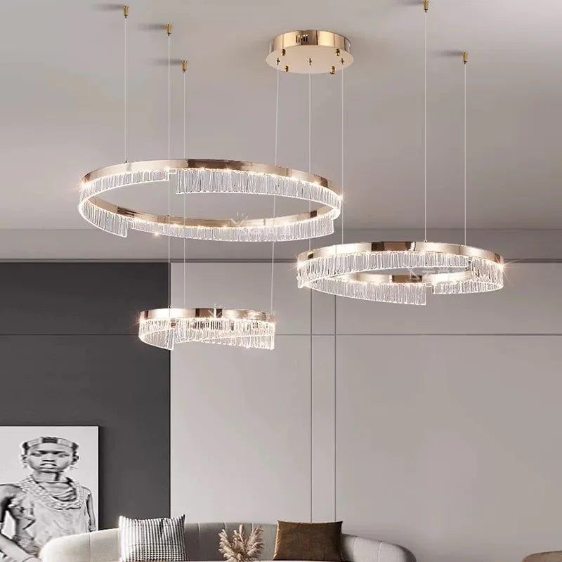 Ecelvor triple-ring crystal bar LED chandelier, 40/60/80cm rings, champagne gold, over sofa