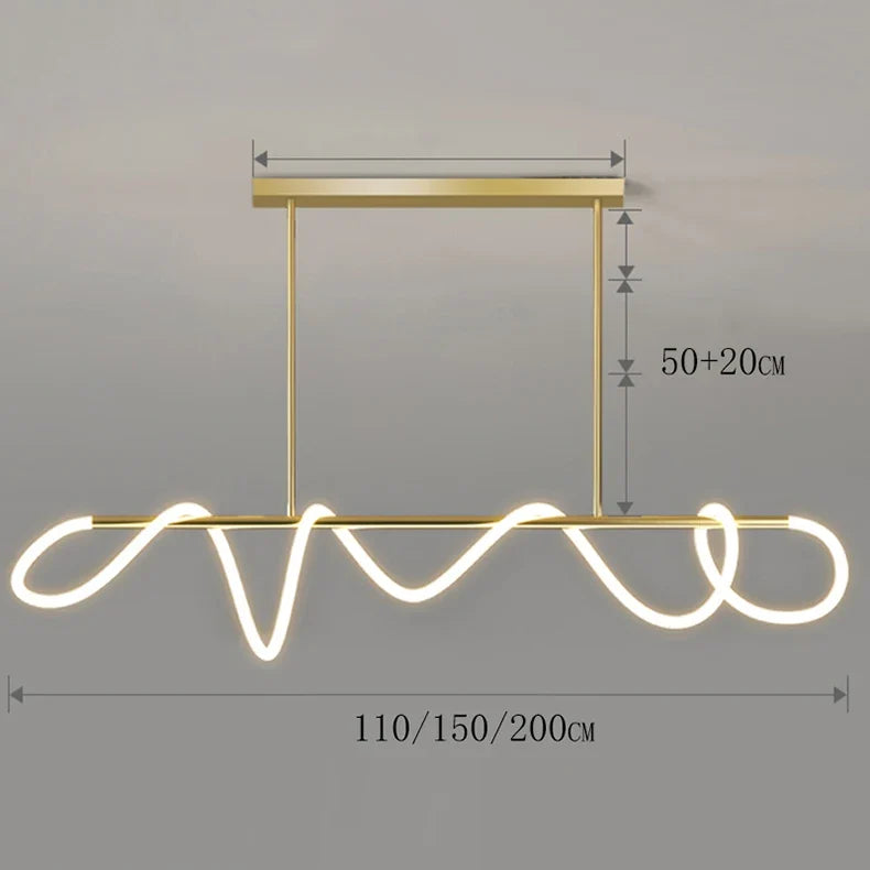 Delvoria sculptural LED pendant light in brushed gold, Long bar mount, dimensions