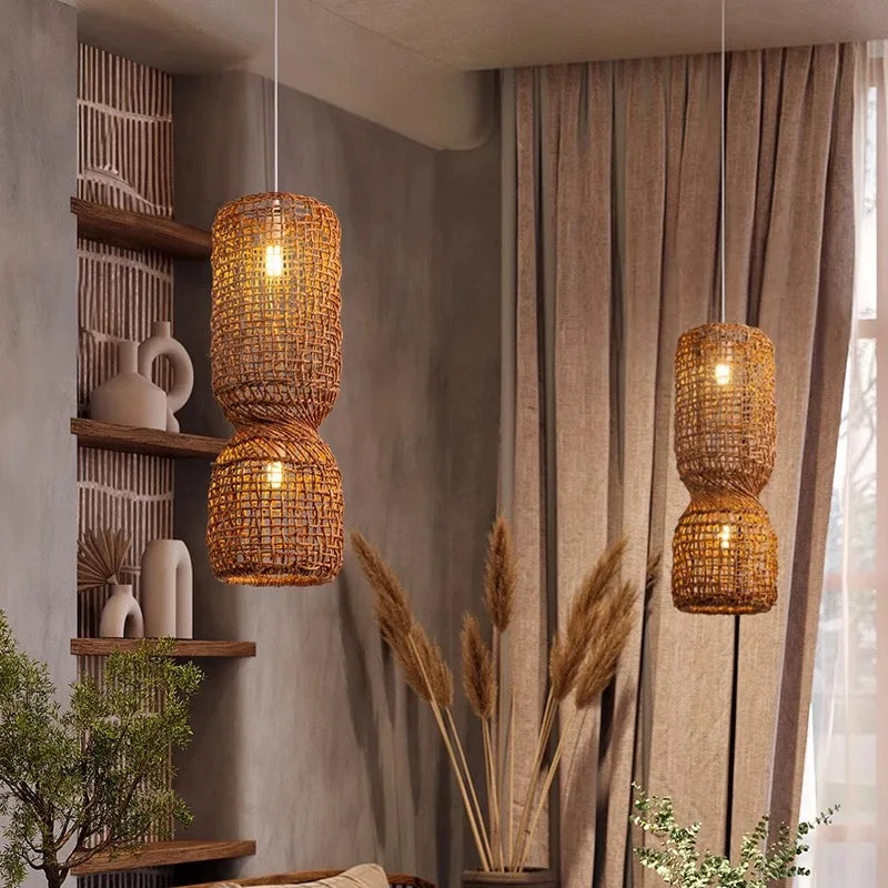 Woven Rattan Hourglass Pendant Light – Faeloria – Lifestyle, window corner