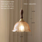 Parelia pendant light — Wood Handle fitting, 20 x 16 cm ice-crackle glass shade