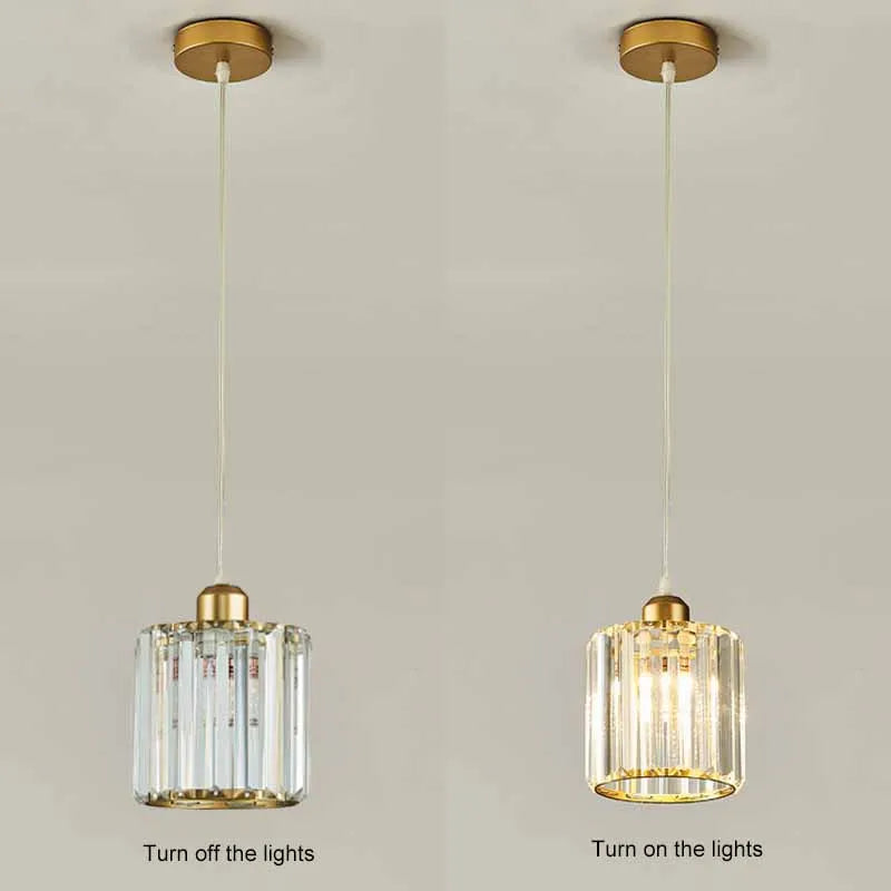 Nzaelion crystal cylinder pendant – on/off comparison, gold finish