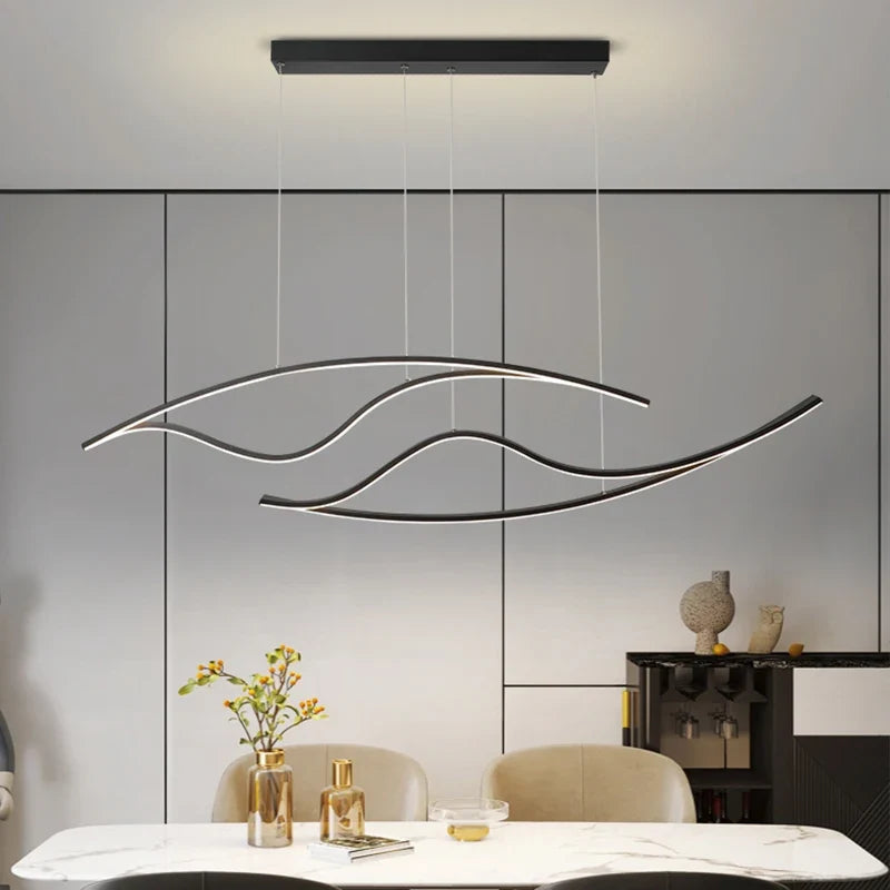 Double-Wave Aluminum LED Linear Pendant Light Cerox – Black, dining room lifestyle