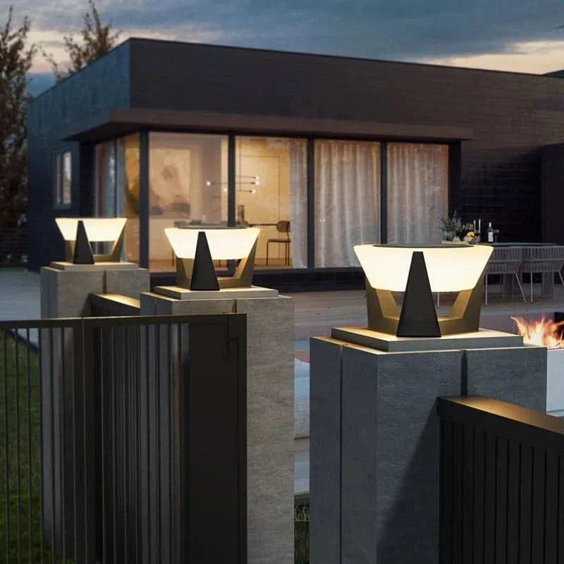 Faceted Stainless Steel Solar Garden Light – Barevo – Lifestyle on Gate Pillar