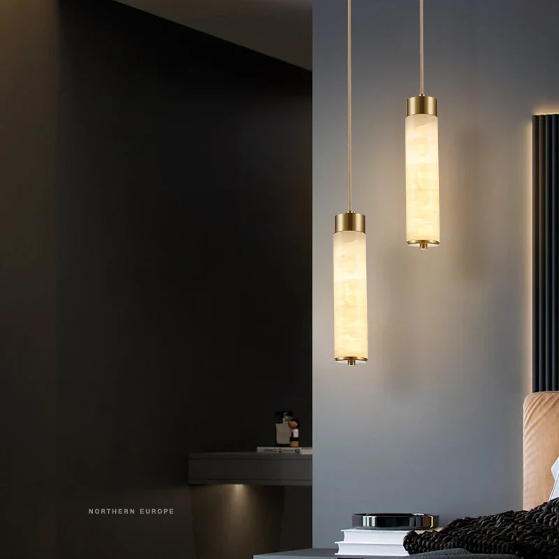 Italian Marble & Brass Pendant Light Fuaelion – Bedside Lifestyle View