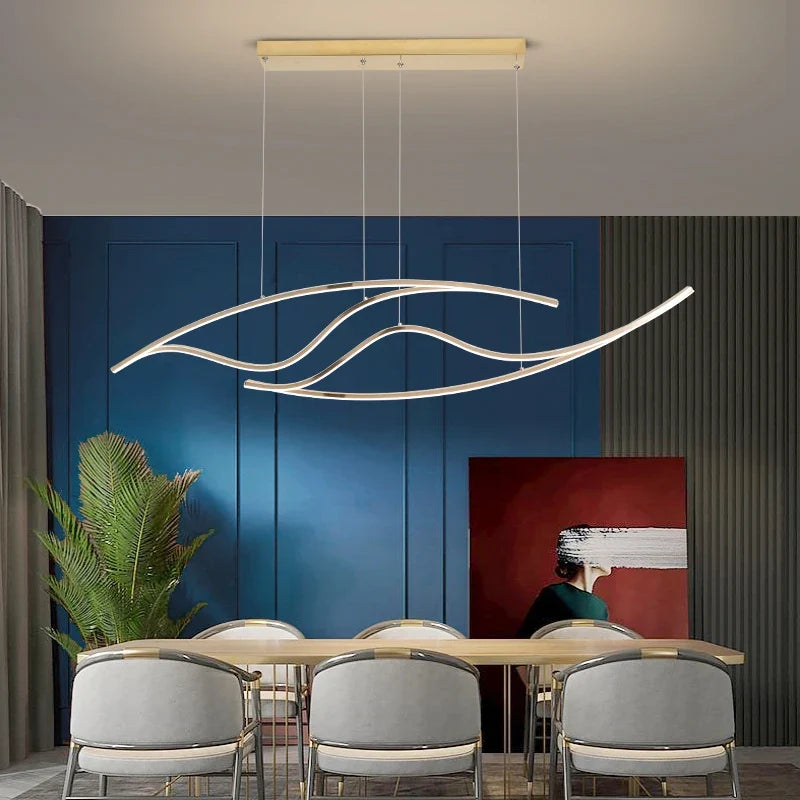 Double-Wave Aluminum LED Linear Pendant Light Cerox – Gold, living room lifestyle