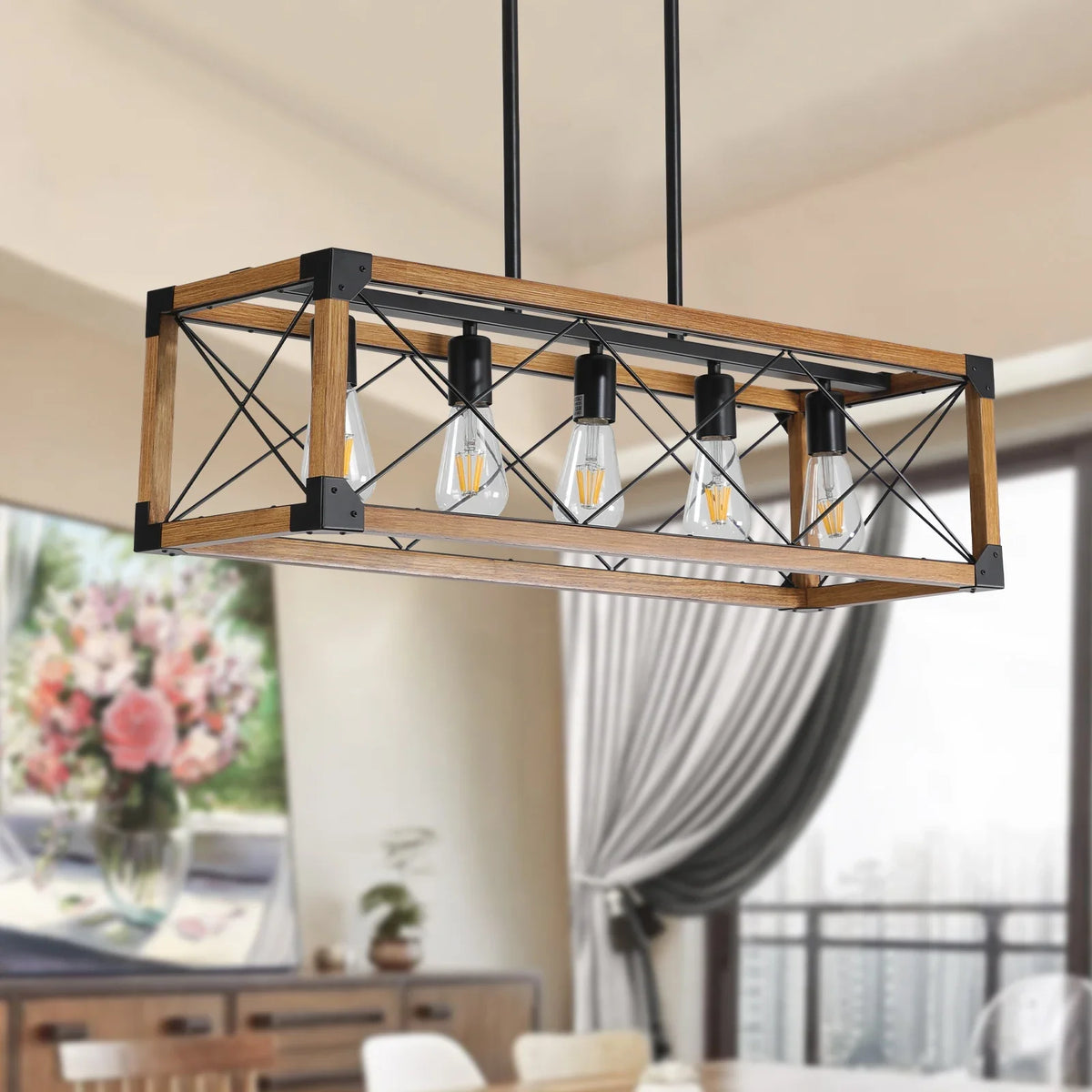 Rustic Wood Iron Linear Chandelier – Hartwyn – Lifestyle View 2