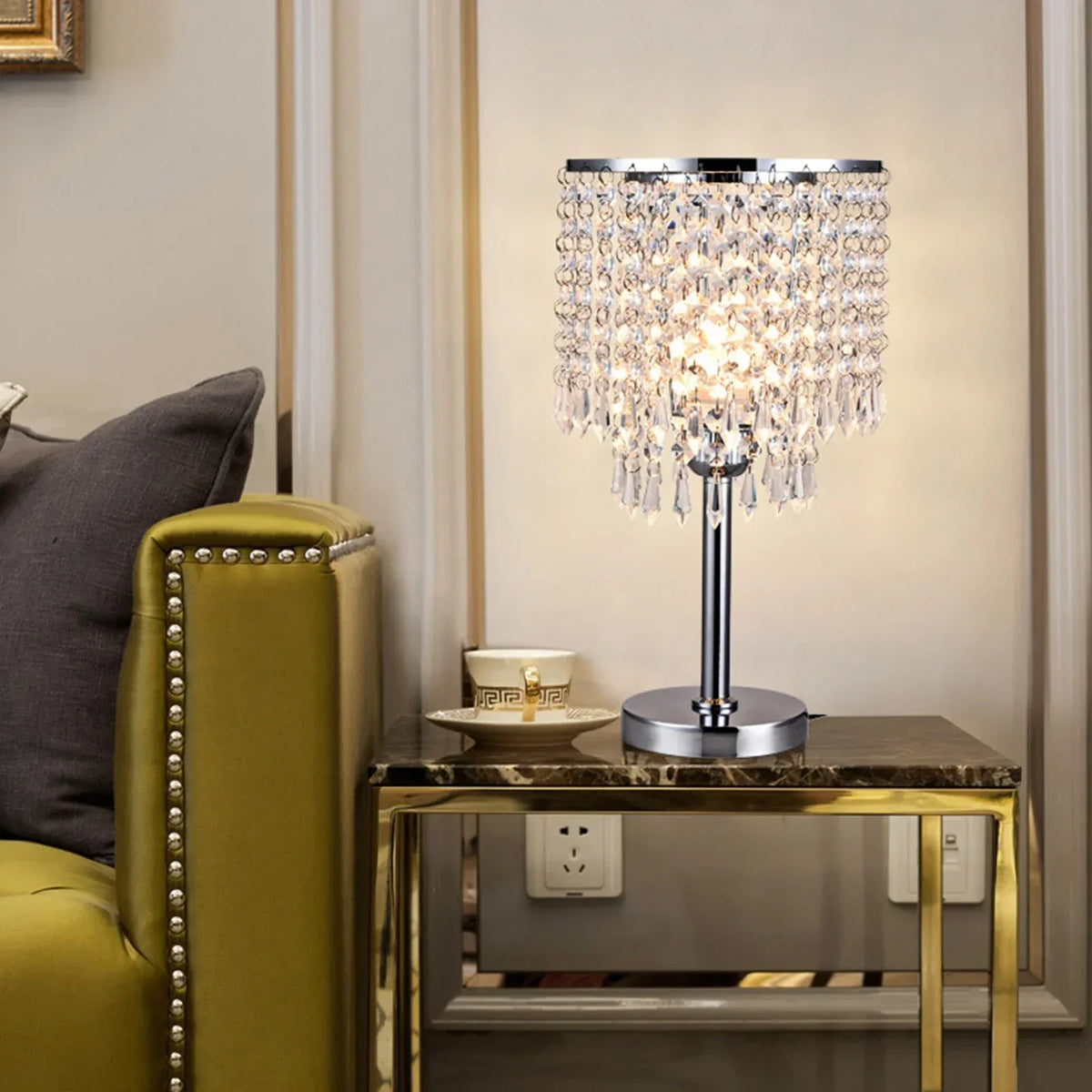 Cavelox crystal table lamp on a living room side table