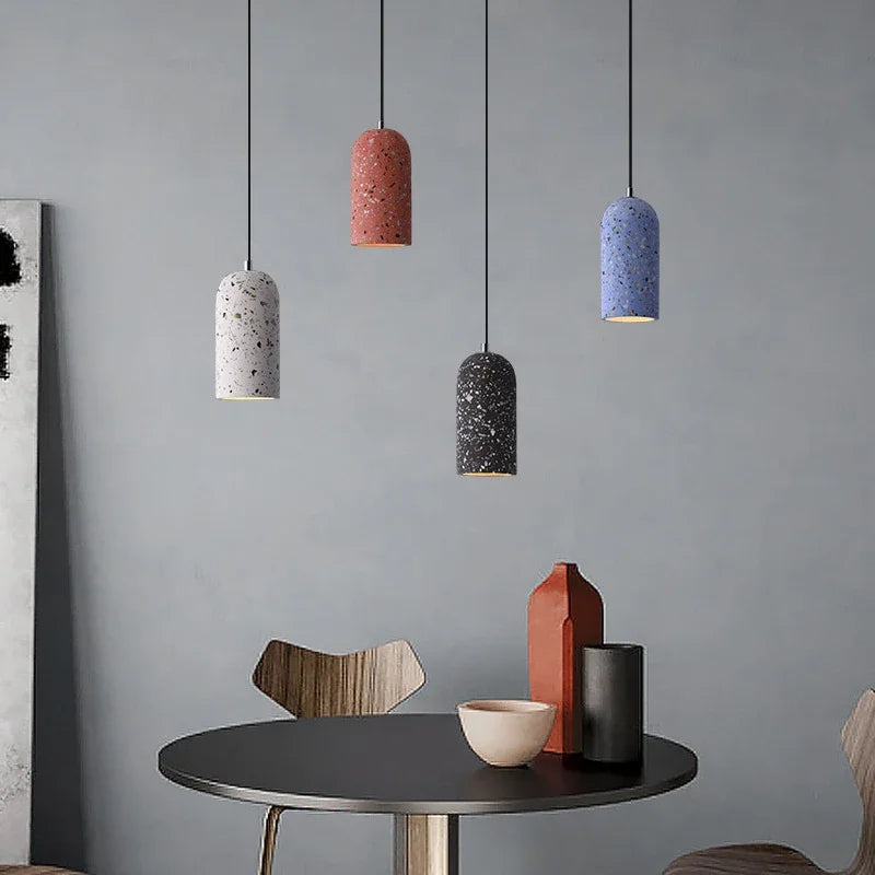 Terrazzo cylinder pendant cluster — Yxaelorn, grey blue red and black over round table