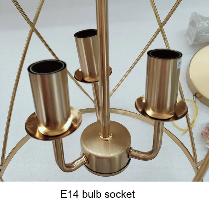 Vintage Wire Cage Drum Chandelier Kuvelora – Gold Finish, E14 Candelabra Socket Detail