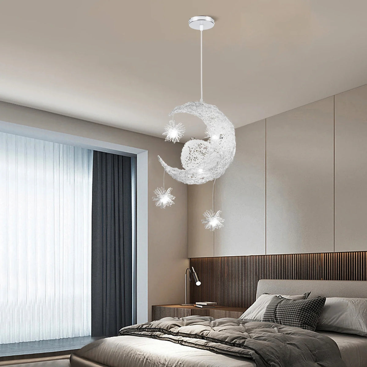 Csaelinth Moon Pendant in a Moody Bedroom Setting