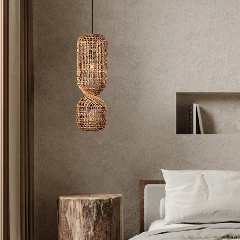Woven Rattan Hourglass Pendant Light – Faeloria – Lifestyle, bedroom nightstand