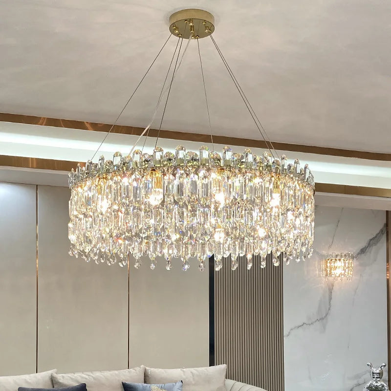 Luminara multi-tier crystal chandelier – large round version over luxury dining room