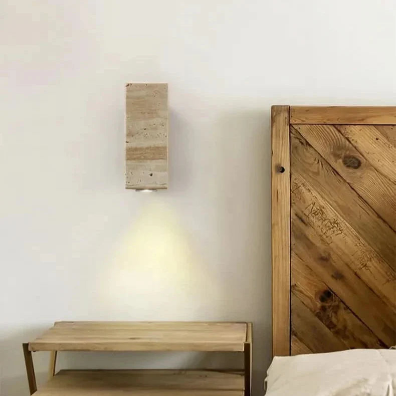 Travertine Walnut Dual-Tone Wall Sconce Aulon – Bedside Lifestyle, Square