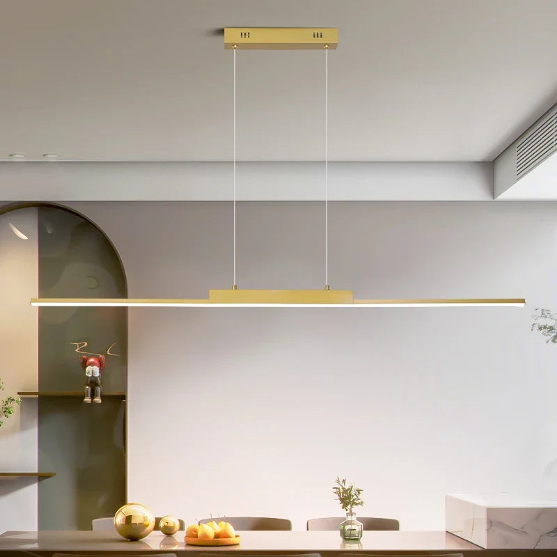 Gold Linear LED Bar Pendant Light – Aurelion – Lifestyle View 2