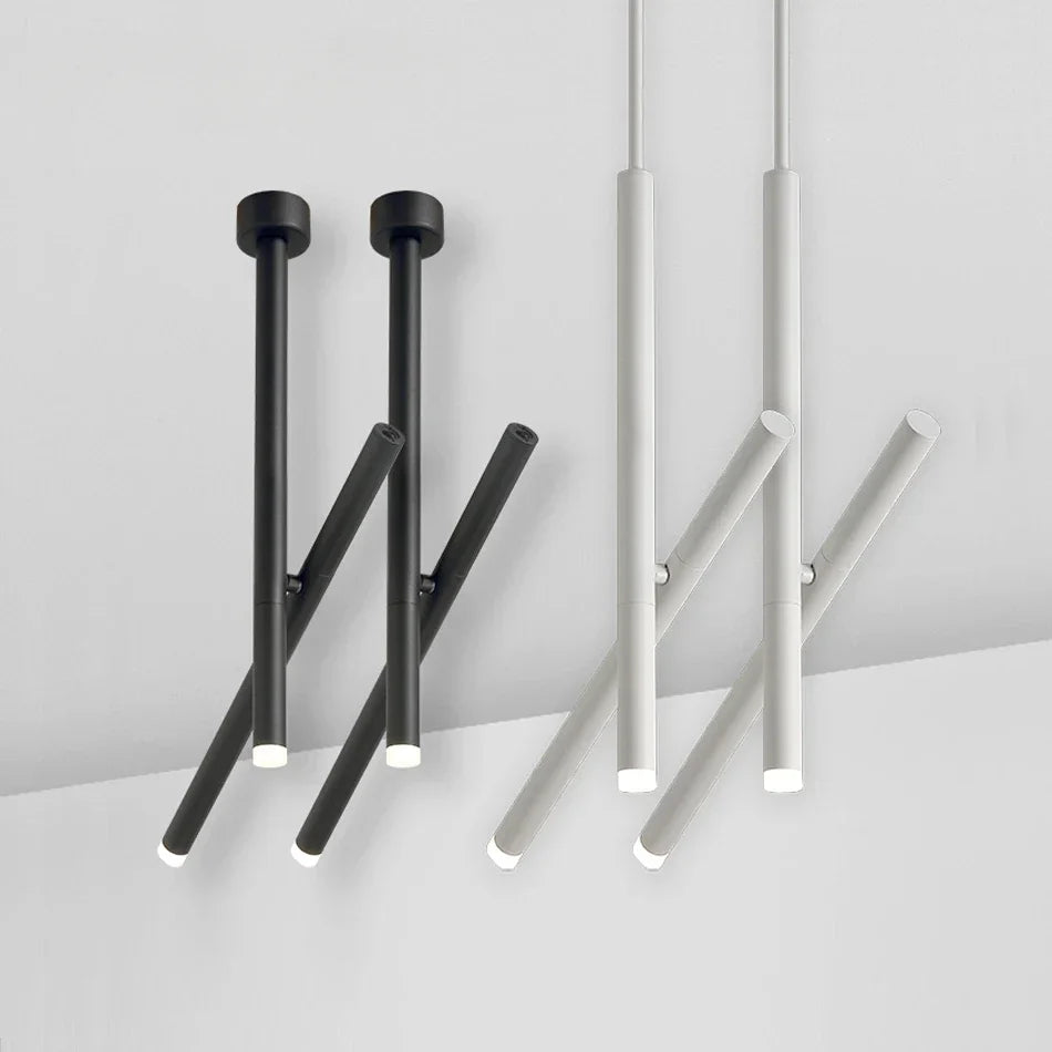 Angled Slim LED Cylinder Pendant Light – Ybelindra – Black and White Compared