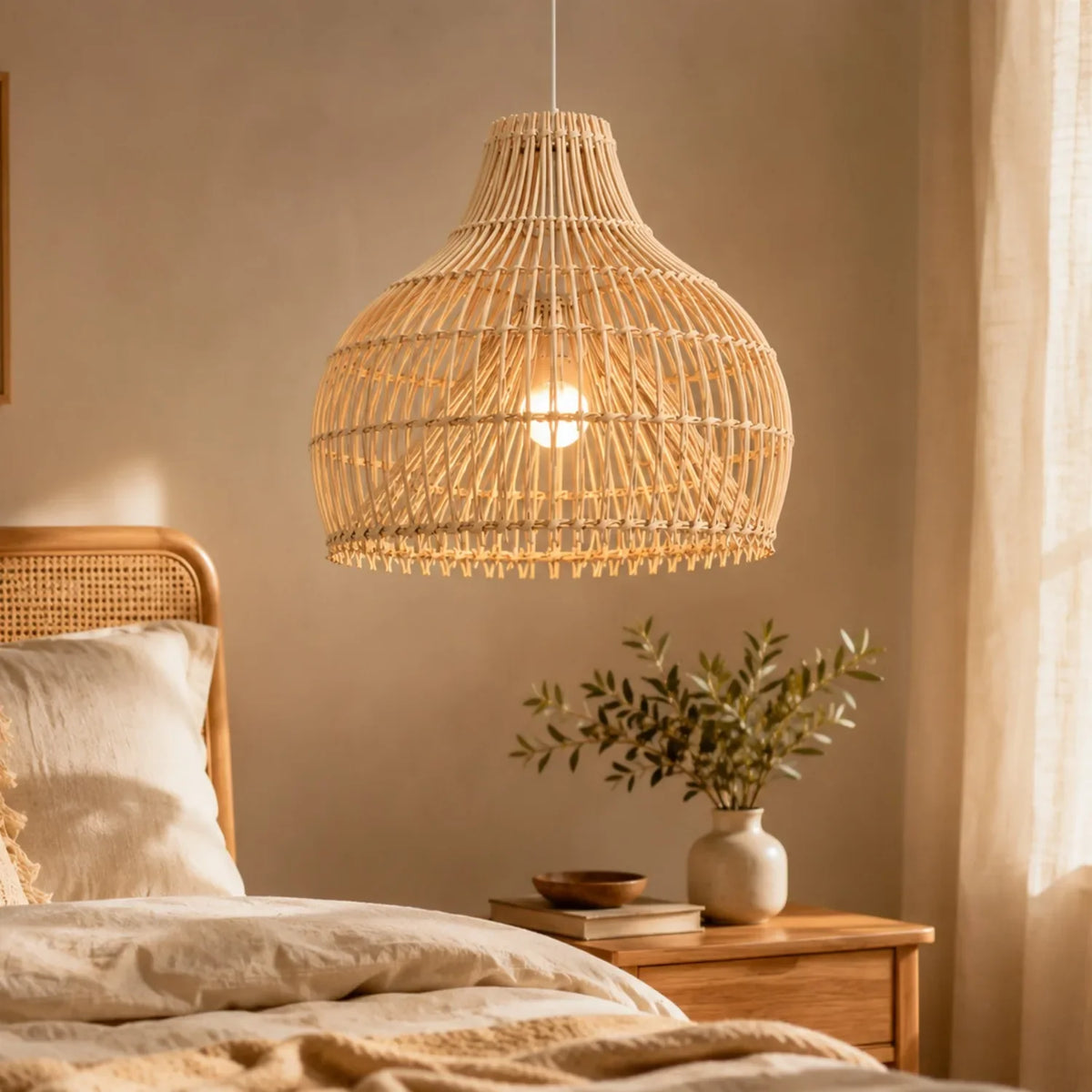 Contemporary Rattan Sculptural Pendant Light Florevix – Lifestyle in Bedroom