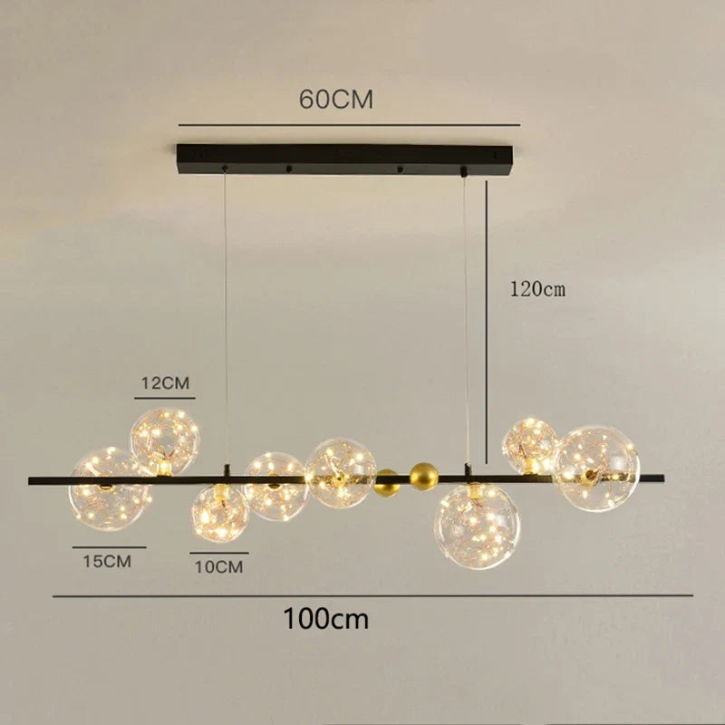 Sculptural Alloy Linear Chandelier Morvelia – Dimensions (Black Frame, Starlight Filament Glass)