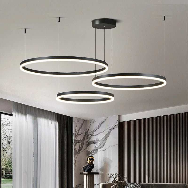 Modern LED Ring Chandelier – Nbeloria – Black, Three-Ring Cascade (40–80cm)