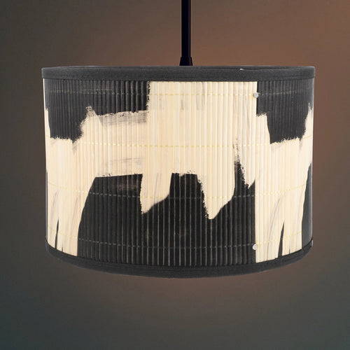 Abstract Ikat bamboo drum lamp shade Pyaelith — scene, hanging