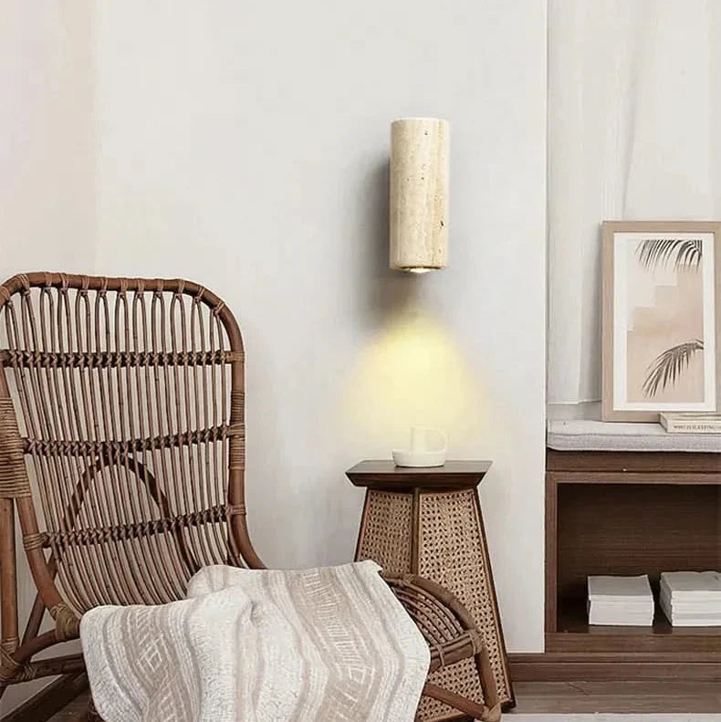 Travertine Walnut Dual-Tone Wall Sconce Aulon – Living Room Lifestyle, Round