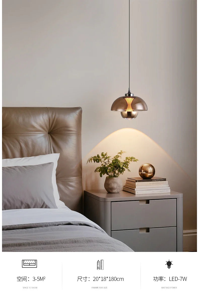 Glass Dome & Inner Mesh Pendant Light – Cvrix – Amber Bedside Lifestyle