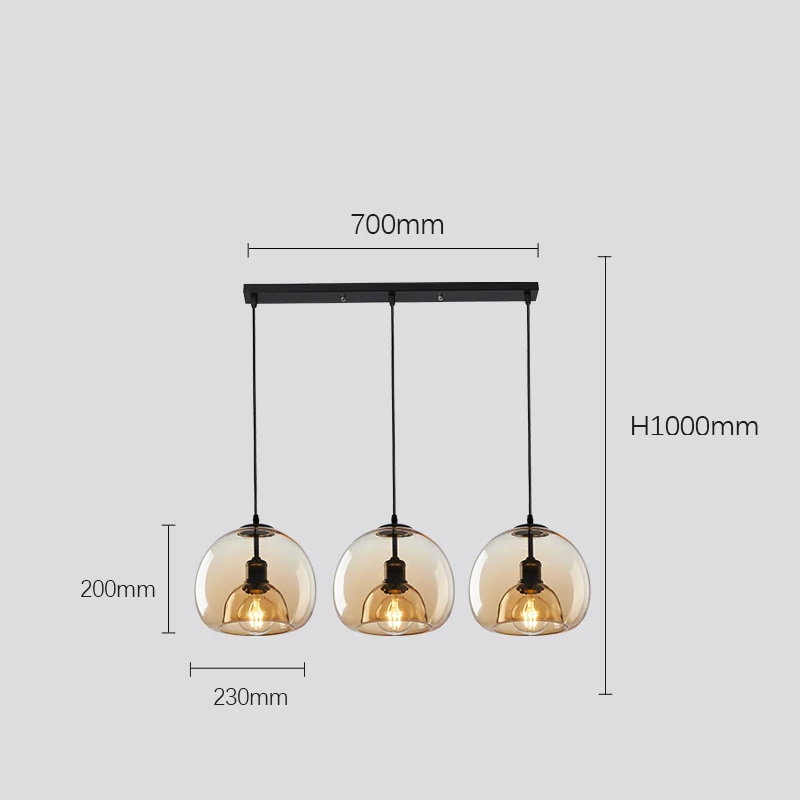 Glass Globe Cluster Pendant Trivorn – 3-Light Rect. Base, Cognac, Dimensions