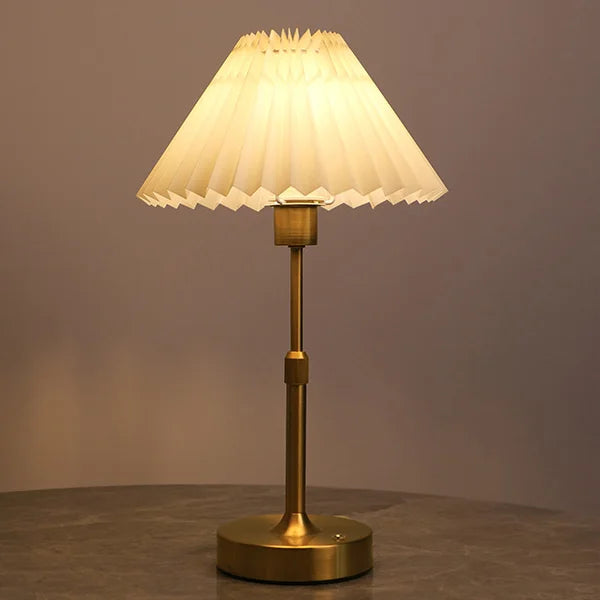Cordless Bedside Table Lamp – Luxandor – Pointed Pleated Shade, Gold