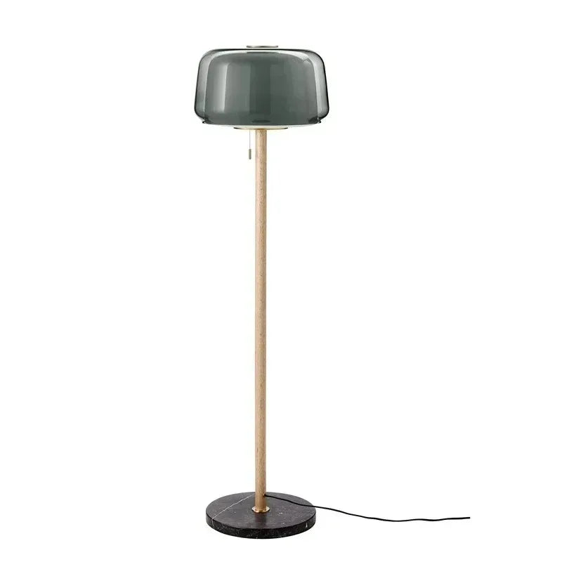 Minimalist Smoked Glass Floor Lamp Quieton — full studio view, smoked glass shade, wood pole, marble base