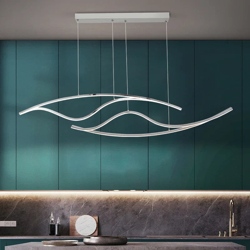 Double-Wave Aluminum LED Linear Pendant Light Cerox – Chrome, dining room lifestyle