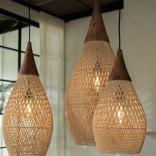Artisan Woven Rattan Teardrop Pendant Light Tessora – Cluster of Three, Lit