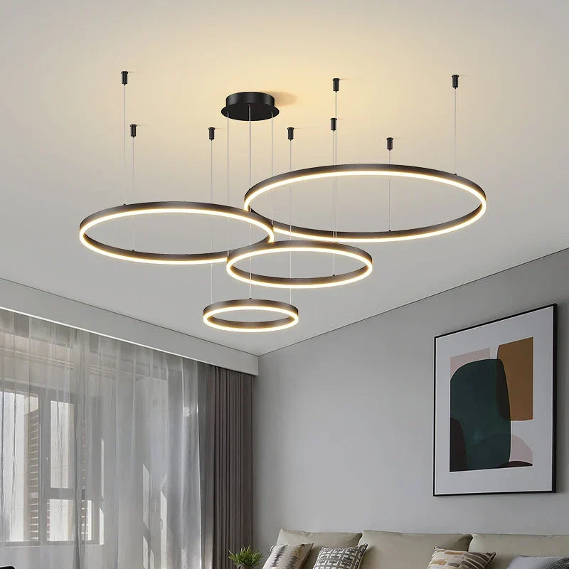 Contemporary Aluminium Ring Pendant Light Canorus – Black Finish, 4-Ring Detail