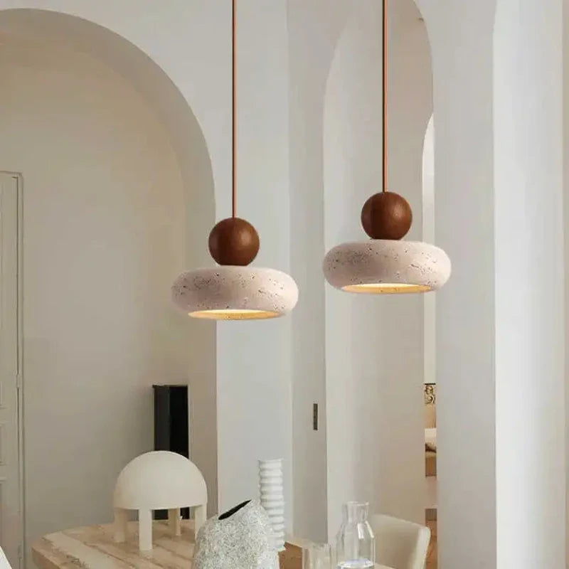Round Stone & Wood Sphere Pendant Light Ambrix – Lifestyle View