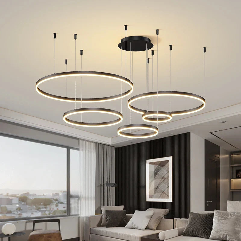 Contemporary Aluminium Ring Pendant Light Canorus – Black Finish, 5-Ring Detail