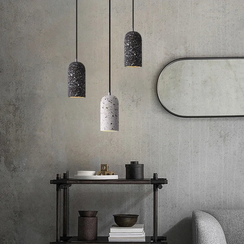 Terrazzo cylinder pendant light cluster — Yxaelorn, grey and black over console