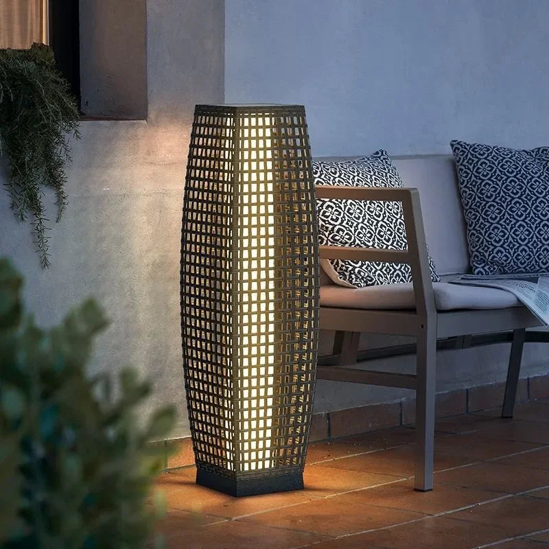 All-Weather Rattan-Effect Solar Floor Lamp Wicklow – terrace lifestyle