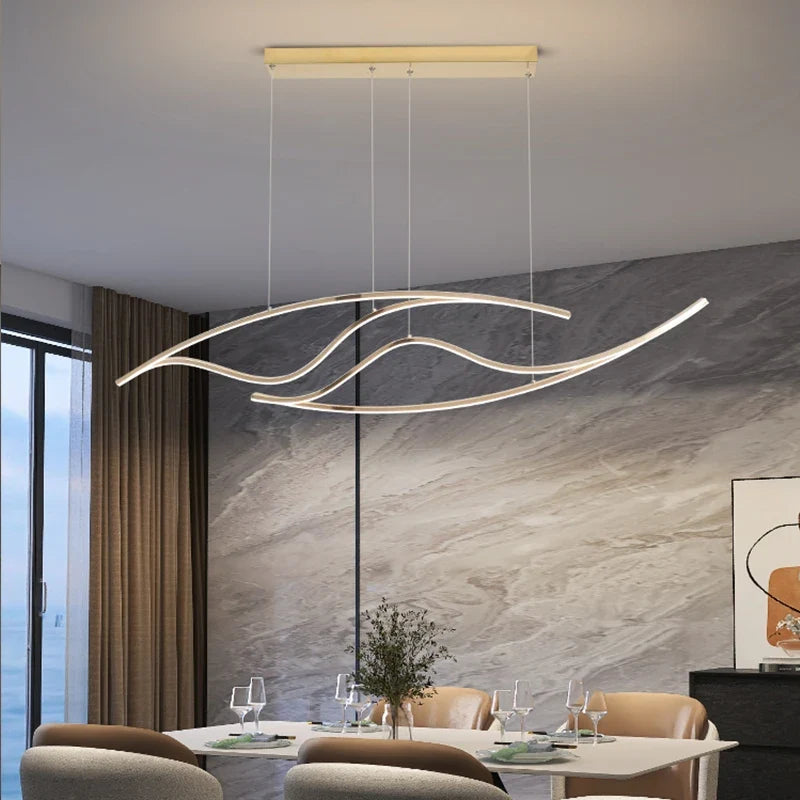 Double-Wave Aluminum LED Linear Pendant Light Cerox – Gold, dining room lifestyle