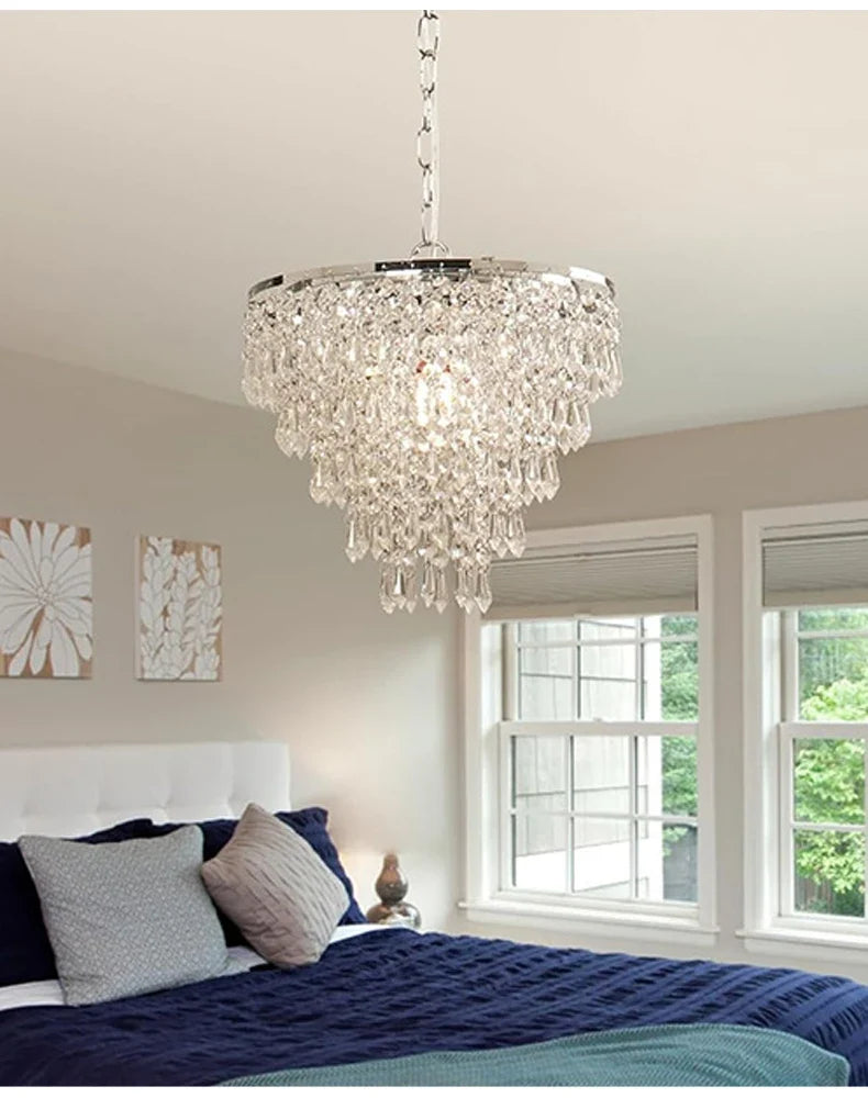 Prismax silver crystal chandelier — lifestyle bedroom scene
