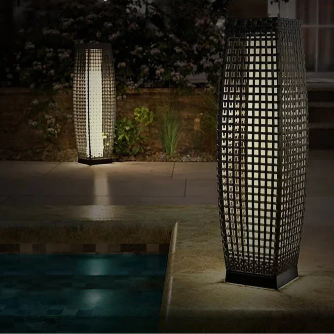 All-Weather Rattan-Effect Solar Floor Lamp Wicklow – poolside lifestyle