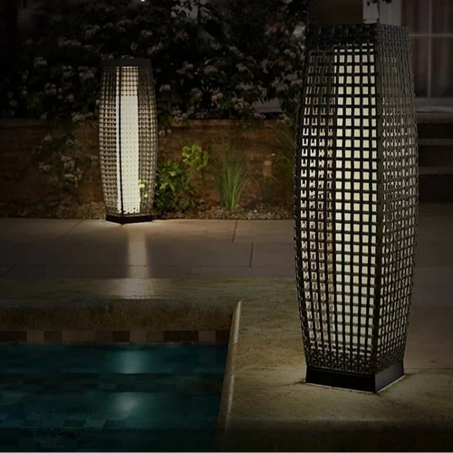 All-Weather Rattan-Effect Solar Floor Lamp Wicklow – poolside lifestyle