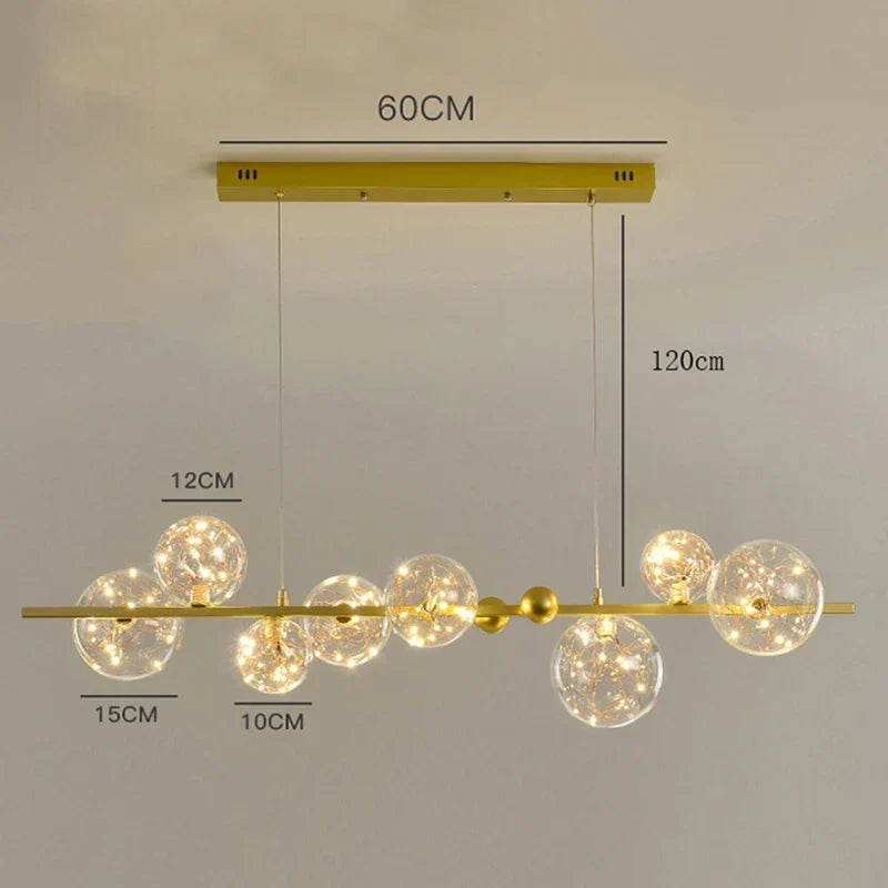 Sculptural Alloy Linear Chandelier Morvelia – Dimensions (Gold Frame, Starlight Filament Glass)