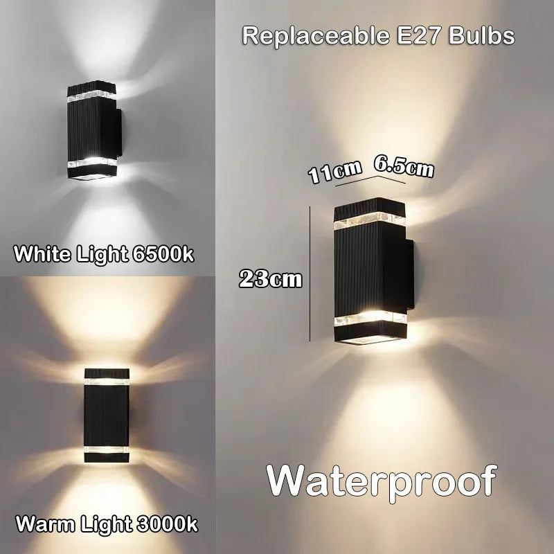 Ribbed Aluminum Up-Down Outdoor Wall Sconce Orbivex – Dimensions, E27 Base and Warm/Cool White Detail