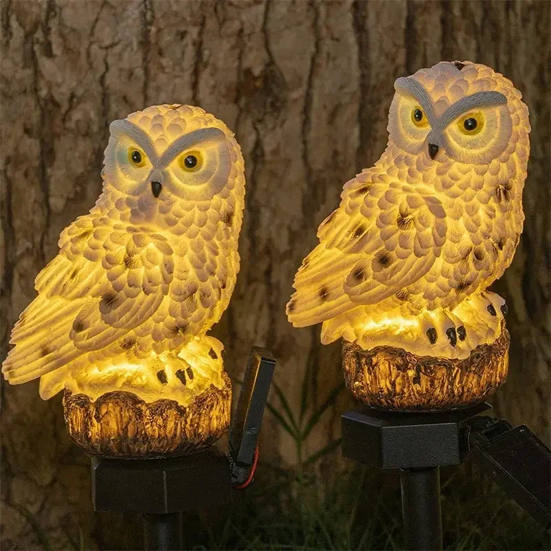 Sculptural Resin Owl Solar Garden Light – Strigora, Brown pair lit at night
