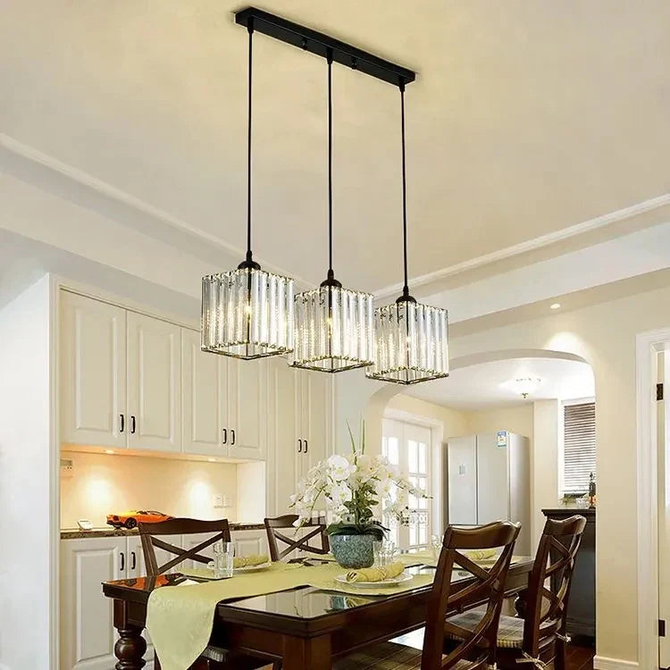 Ulindra 3-light crystal cluster pendant, Black, linear bar canopy, above dining table